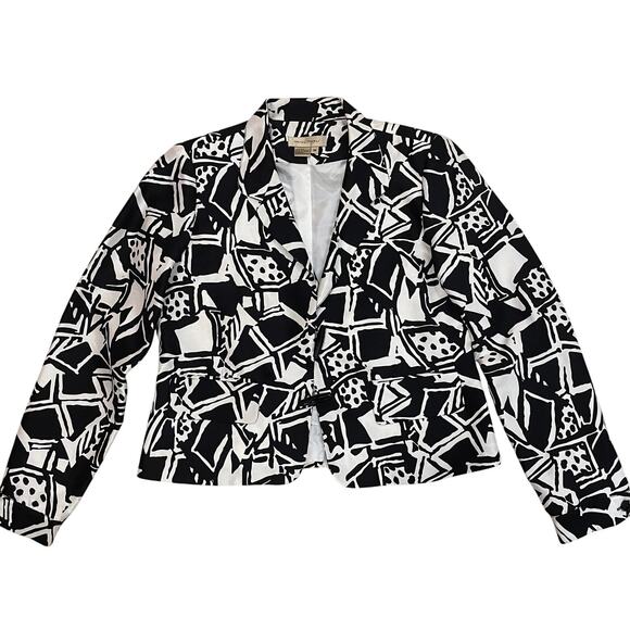 100% Silk Abstract Print Blazer Jacket M | Black White Art Statement Lined - Picture 4 of 8